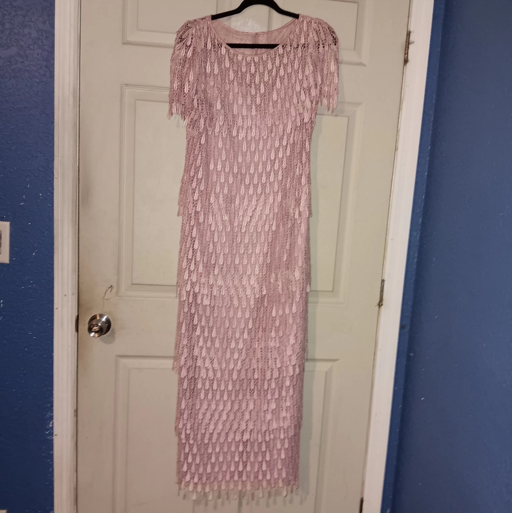 Elegant Pink Lace Layered Custom Dress Measurements Below Sheath Style